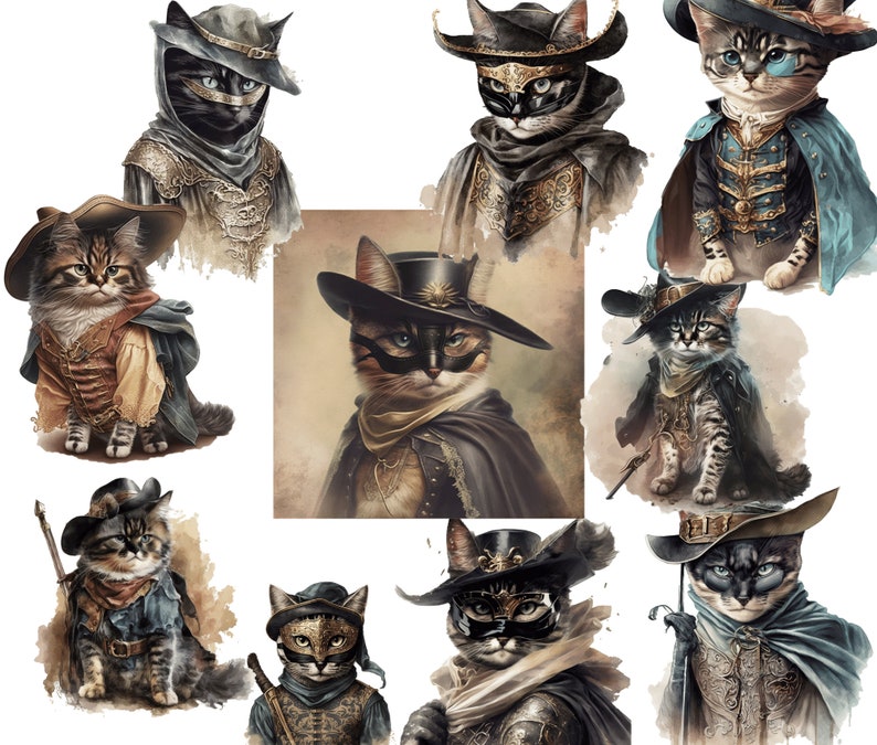 Digital Clipart Illustration Set, Cat Musketeer Cute Fantasy Cats