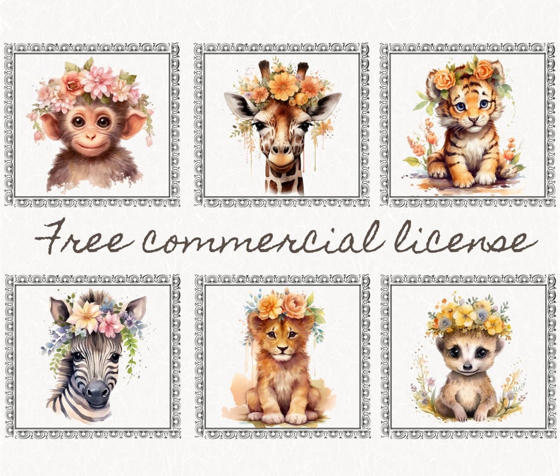 Digital Clipart Illustration Set, Cute Baby Safari Animals, PNG Printable Watercolor Clipart, Tropical Jungle Stickers,Scrapbook,Sublimation image 3
