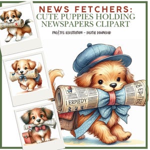 デジタルクリップアート、かわいい子犬のニュースフェッチャー JPG、スクラップブッキング用イラスト、カード作成 png、ジャンクジャーナル、JPEG、ペーパークラフト DIY、
