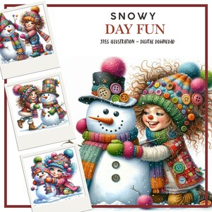 Clipart numérique hiver, jolies filles de Noël avec bonhommes de neige, illustrations pour scrapbooking, fabrication de cartes, journaux indésirables, JPEG, travaux manuels DIY