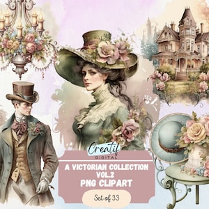 Digital Clipart Illustration Set, Victorian Collection Vol.2, PNG Printable Watercolor, Stickers, VintageShabby Chic, Scrapbook, Digi Kit