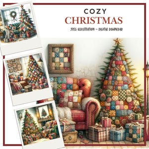 Digitale Weihnachts-Patchwork-Stoff-Digital-Papier Illustrationen für Scrapbooking, Card-Making, Winter Junk Journals, JPEG, Paper Crafts DIY