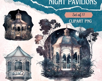 Digital Clipart Illustration Set, Night Pavilions Vintage Garden Spring Clipart, PNG Printable Watercolor, Stickers, Vintage, Gazebo