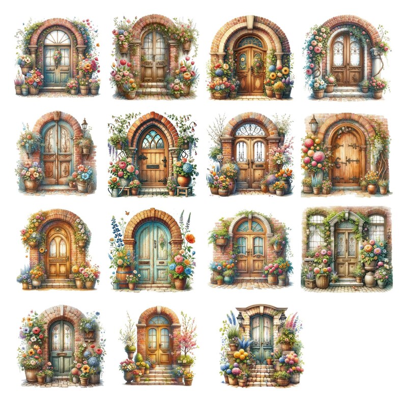 Digital Romantic Spring Cottagecore Doors Clipart, Cottage ...