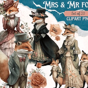 Digital Clipart Illustration Set, Fantasy Victorian Fox Family Clipart, PNG Printable Watercolor, Stickers, Vintage, Scrapbook, Digi Kit