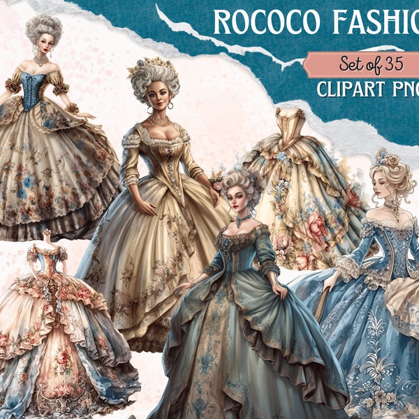 Digital Clipart Illustration Set, Rococo Marie Antoinette Clipart, PNG Printable Watercolor, Stickers, Vintage, Royal Ballroom Fashion