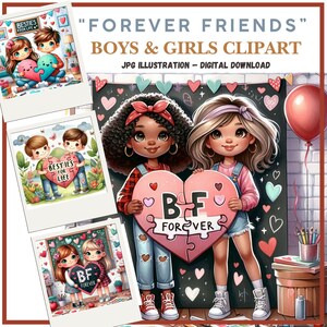 Clipart digital para el Día de San Valentín para niños "Amigos para siempre", ilustraciones para hacer álbumes de recortes, tarjetas, diarios basura, JPG, manualidades con papel para hacer uno mismo