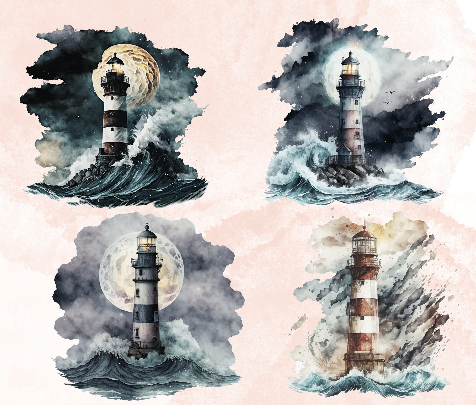 Digital Clipart Illustration Set, Romantic Lighthouse at Night, Seaside ...