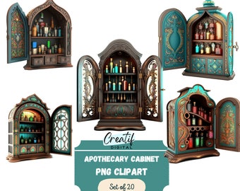 Digital Clipart Illustration Set, Apothecary Cabinet , PNG Printable Watercolor Clipart, Stickers, Magic Potion, Illustration,Scrapbook