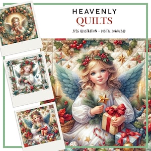 Clipart numérique hiver, anges de Noël courtepointe illustrations en papier décoratif pour scrapbooking, fabrication de cartes, journaux indésirables, JPEG, travaux manuels en papier
