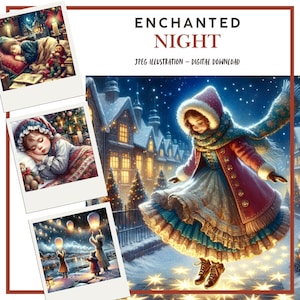 Clipart numérique hiver, nuit enchantée de Noël, illustrations pour scrapbooking, fabrication de cartes, journaux indésirables, JPEG, travaux manuels en papier à faire soi-même