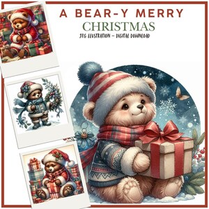Clipart numérique hiver, illustrations d'un joyeux Noël ours pour le scrapbooking, fabrication de cartes, journaux indésirables, JPEG, créations d'impressions numériques bricolage
