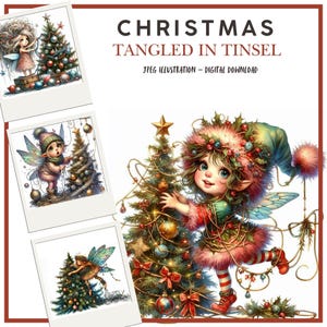 Clipart numérique hiver, fées de Noël emmêlées dans des guirlandes, illustrations pour scrapbooking, fabrication de cartes, journaux indésirables, créations en papier