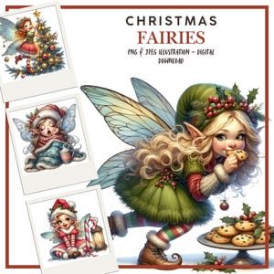 Clipart numérique hiver, fées fantaisistes de Noël, illustrations pour scrapbooking, fabrication de cartes, carnets indésirables, JPEG, PNG, créations manuelles en papier