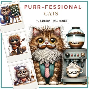 Digital Fantasy Quirky Cats Clipart, Printable, Illustrations for Scrapbooking, Card Making, Junk Journals, JPEG, Paper Crafts DIY