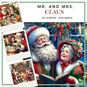 Clipart hiver numérique, illustrations décoratives du père Noël et de la mère Noël pour scrapbooking, fabrication de cartes, journaux indésirables, JPEG, travaux manuels en papier