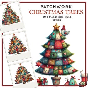 Clipart digitale invernale, alberi patchwork natalizi accoglienti, illustrazioni per scrapbooking, creazione di biglietti, diari spazzatura, JPEG, PNG artigianato fai da te