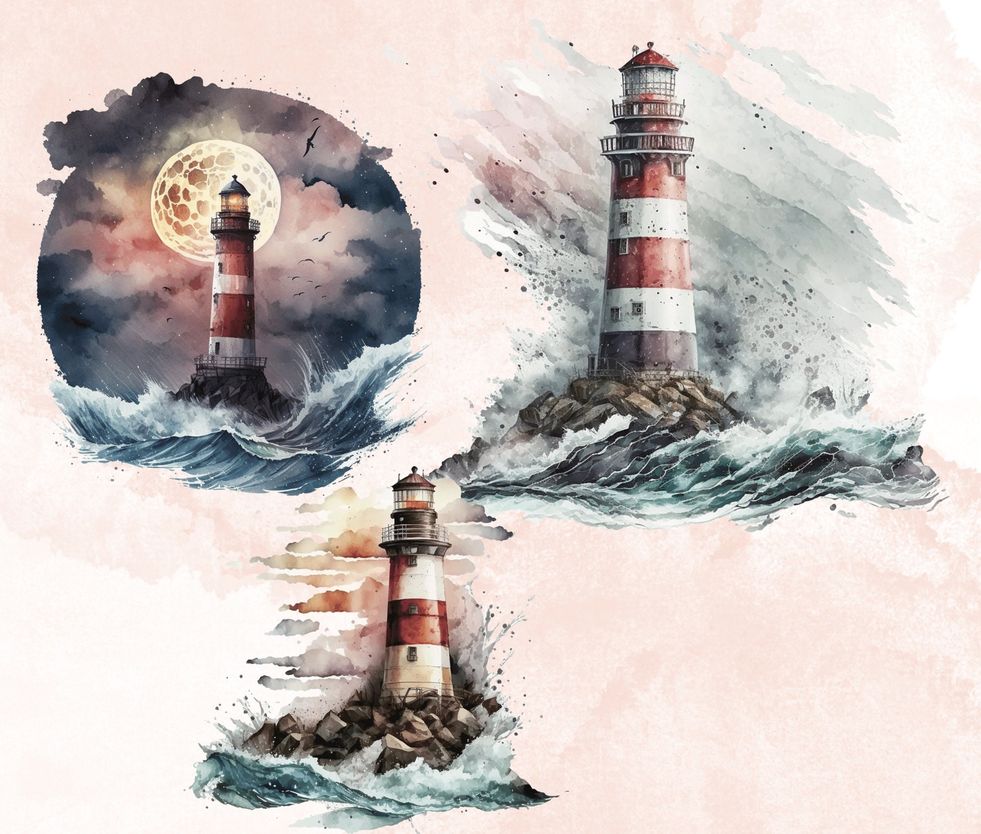 Digital Clipart Illustration Set, Romantic Lighthouse at Night, Seaside ...