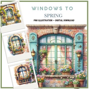 Digitale romantische lente Cottagecore Windows Clipart, Cottage, Scrapbooking Illustraties, Kaarten maken, Junk Journals, PNG, Paper Crafts DIY