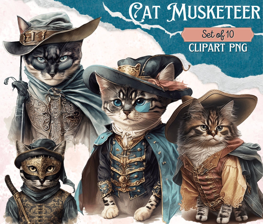 Digital Clipart Illustration Set, Cat Musketeer Cute Fantasy Cats