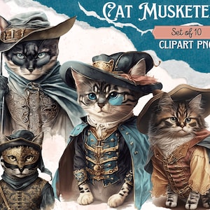 Digital Clipart Illustration Set, Cat Musketeer Cute Fantasy Cats Clipart, PNG Printable Watercolor, Stickers, Vintage, Scrapbook, Digi Kit