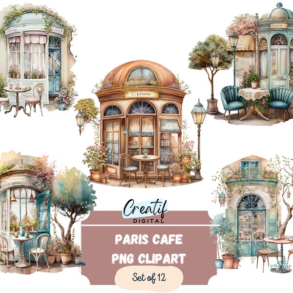 Digital Clipart Illustration Set, French Cafe, PNG Printable Watercolor Clipart, Stickers, Cute Cafe Store Front Illustration, Scrapbook