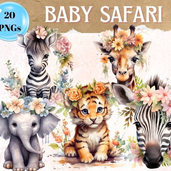 Digital Clipart Illustration Set, Cute Baby Safari Animals, PNG Printable Watercolor Clipart, Tropical Jungle Stickers,Scrapbook,Sublimation