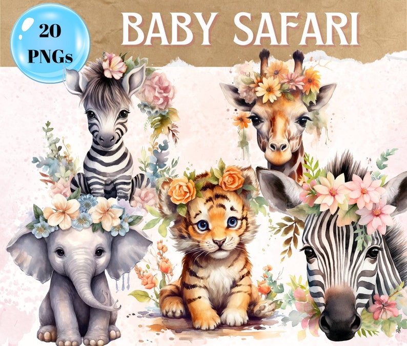 Digital Clipart Illustration Set, Cute Baby Safari Animals, PNG Printable Watercolor Clipart, Tropical Jungle Stickers,Scrapbook,Sublimation image 1