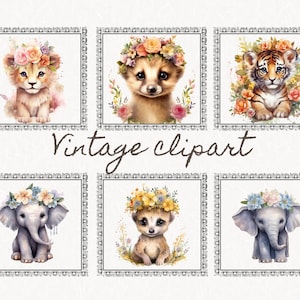 Digital Clipart Illustration Set, Cute Baby Safari Animals, PNG Printable Watercolor Clipart, Tropical Jungle Stickers,Scrapbook,Sublimation image 5