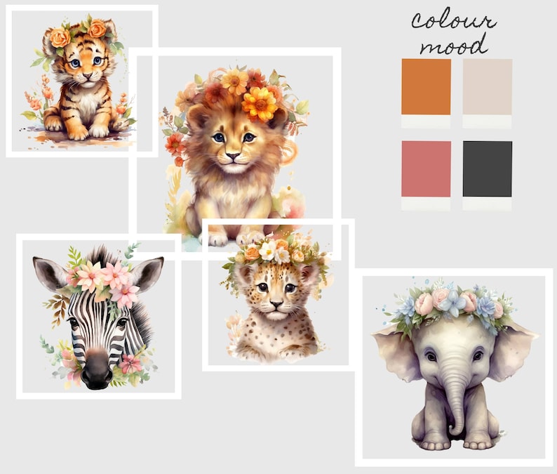 Digital Clipart Illustration Set, Cute Baby Safari Animals, PNG Printable Watercolor Clipart, Tropical Jungle Stickers,Scrapbook,Sublimation image 6