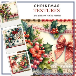 Illustrations numériques de tissu de poinsettia de Noël de papier numérique pour le scrapbooking, la fabrication de cartes, les journaux indésirables d'hiver, JPEG, travaux manuels en papier à faire soi-même