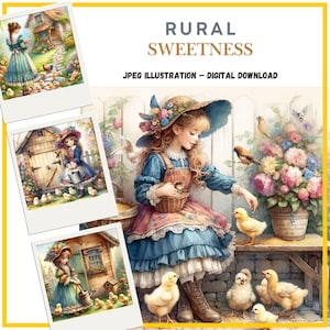 Clipart numérique cottagecore printanier, jolies filles, ferme, illustrations pour scrapbooking, fabrication de cartes, journaux indésirables, JPEG, travaux manuels en papier à faire soi-même