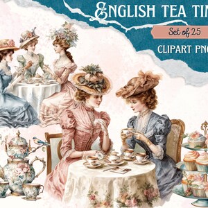 Conjunto de ilustración de imágenes prediseñadas digitales, hora del té victoriano, acuarela imprimible PNG, pegatinas románticas Pastel, Vintage Shabby Chic, álbum de recortes