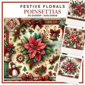 Illustrations numériques de tissu de poinsettia de Noël de papier numérique pour le scrapbooking, la fabrication de cartes, les journaux indésirables d'hiver, JPEG, travaux manuels en papier à faire soi-même