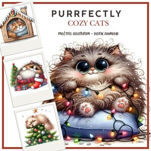 Clipart numérique hiver, chats fantaisistes de Noël, illustrations pour scrapbooking, fabrication de cartes, journaux indésirables, JPEG, PNG, créations manuelles en papier