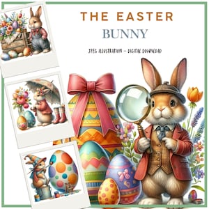 Digitaler Osterhase Frühling Clipart-Set, Illustrationen für Scrapbooking, Kartenherstellung, Junk Journals, JPEG, Papierhandwerk DIY Vintage