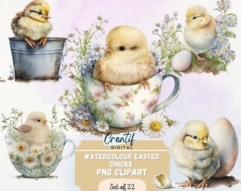 Digital Clipart Illustration Set, Easter Chicks Set, PNG Printable Watercolor,Vintage Easter Scrapbook,Digi Kit, Junk Journals, Card Making