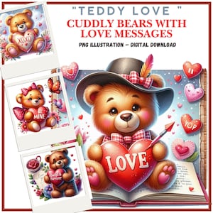 "Digitale Kinder Valentinstag ""Teddy Liebe"" Clipart, niedliche Illustrationen für Scrapbooking, Kartenherstellung, Junk Journals, PNG, Papierhandwerk DIY."