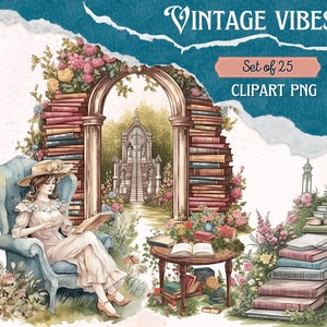 Digitale clipart illustratie set, Victoriaanse boeken Forest Fantasy Kit, PNG afdrukbare aquarel, stickers, vintage, plakboek, Digi Kit