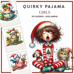 Clipart numérique hiver, pyjama original de Noël pour filles, illustrations pour scrapbooking, fabrication de cartes, journaux indésirables, JPEG, travaux manuels en papier à faire soi-même