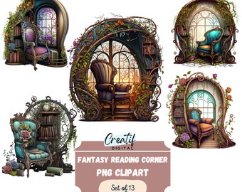 Digital Clipart Illustration Set, Fantasy Steampunk Reading Corner, PNG Printable, Stickers, Library, printable Download,Bookcase, Scrapbook