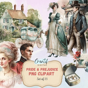 Digital Clipart Illustration Set, Pride & Prejudice, PNG imprimable aquarelle, Jane Austen, Regency Scrapbook, Digi Kit, Junk Journaux