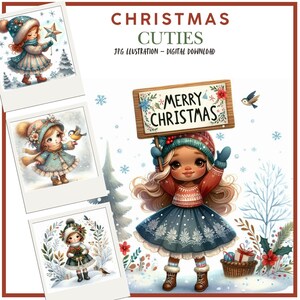 Clipart numérique hiver, adorables mignons de Noël, illustrations filles pour scrapbooking, fabrication de cartes, journaux indésirables, JPEG, créations d'impressions numériques bricolage