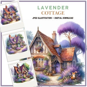 Digitale romantische lente Cottagecore lavendel huisje clipart, scrapbooking illustraties, kaarten maken, junk tijdschriften, jpeg, papier ambachten DIY
