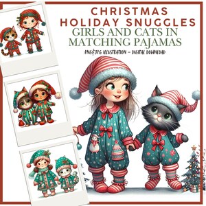 Clipart numérique hiver, câlins de vacances de Noël : illustrations de filles-chats, scrapbooking, fabrication de cartes, journaux indésirables, JPEG, PNG créations DIY