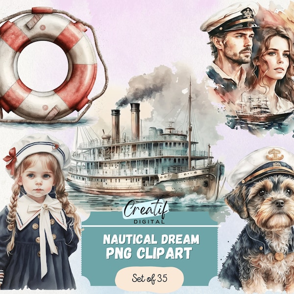 Digital Clipart Illustration Set, Nautical Dream Vintage Marine, PNG Printable Seaside Clipart, Stickers, Sublimation, Scrapbook