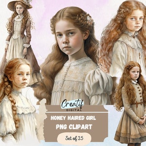 Digital Clipart Illustration Set, Honey Haired Girl, PNG Printable Watercolor Clipart, Victorian Girls,Print Download, Scrapbook, Digi Kit