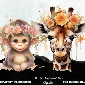 Digital Clipart Illustration Set, Cute Baby Safari Animals, PNG Printable Watercolor Clipart, Tropical Jungle Stickers,Scrapbook,Sublimation image 2
