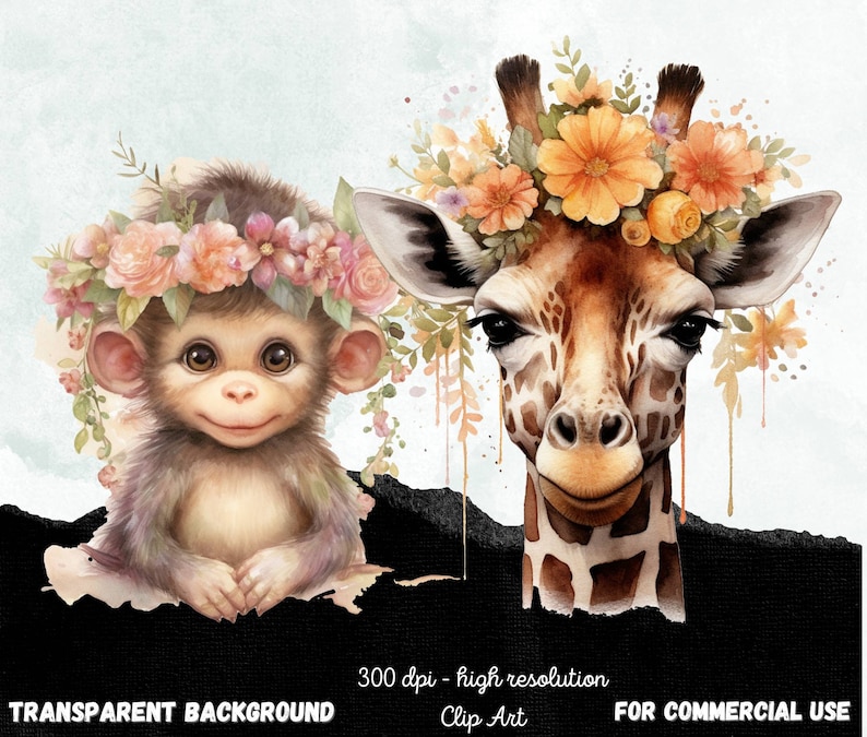 Digital Clipart Illustration Set, Cute Baby Safari Animals, PNG Printable Watercolor Clipart, Tropical Jungle Stickers,Scrapbook,Sublimation image 2