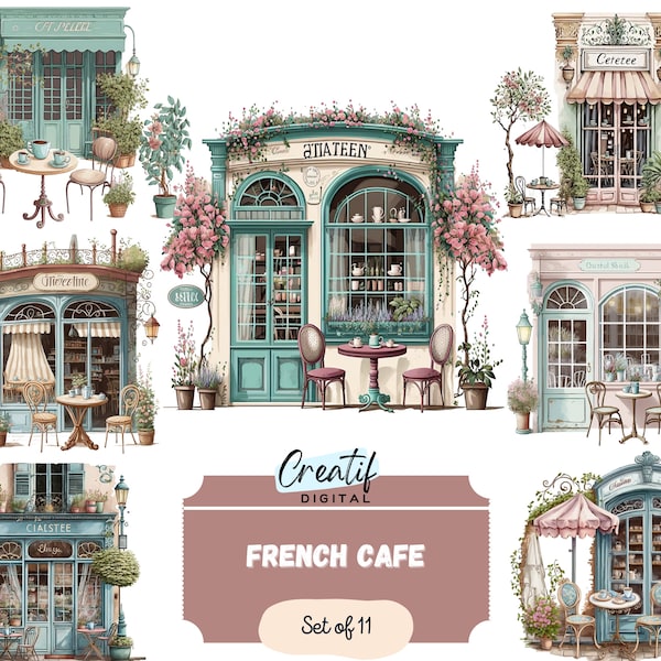 Digital Clipart Illustration Set, French Cafe, PNG Printable Watercolor Clipart, Stickers, Cute Cafe Store Front Illustration, Scrapbook